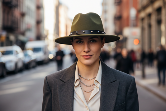 A red fedora hat with a wide brim and a black band adorned with silver rivets.