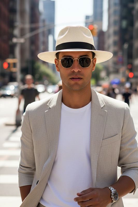 White straw hat with a black band on a white background