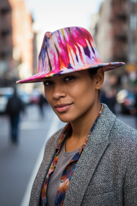 Colorful tie-dye hat on a white background