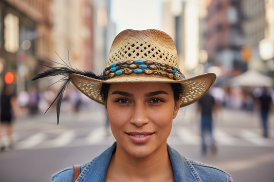 Straw hat with decorative band and tassel on a white background