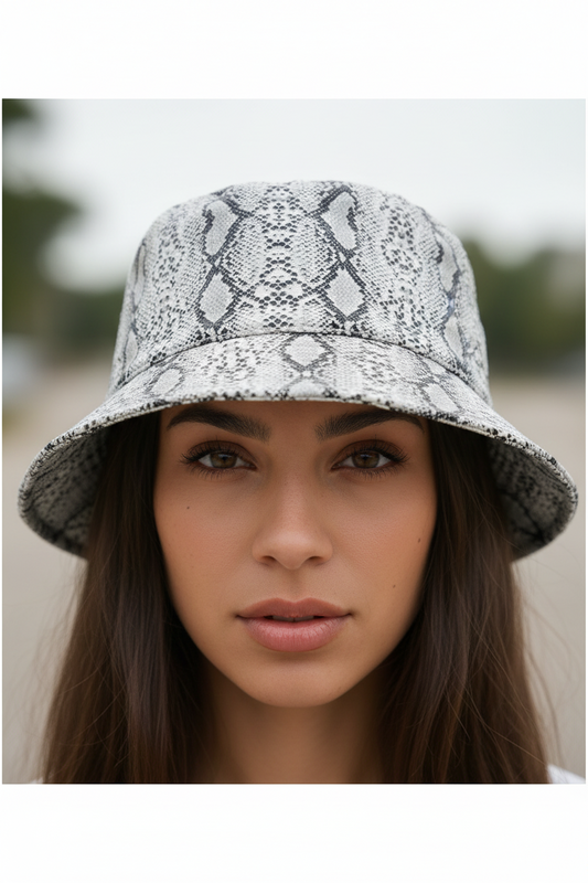 A fisherman hat with a snake print pattern.