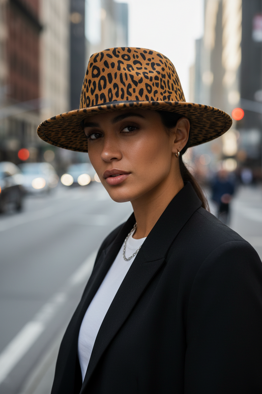 A khaki-colored woolen fedora hat with a leopard print pattern and a black ribbon around the base.