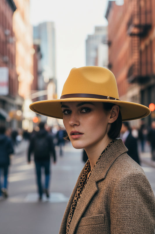 Beige cowboy hat with a black band on a white background