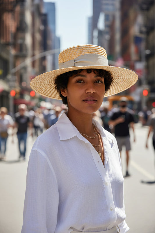 Straw hat with a gray band on a wooden surface