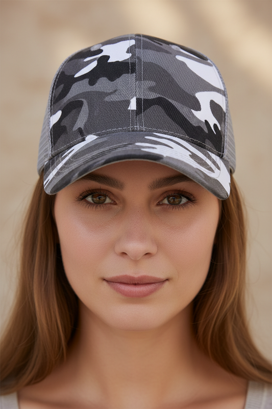 Camouflage baseball cap with mesh back on a white background