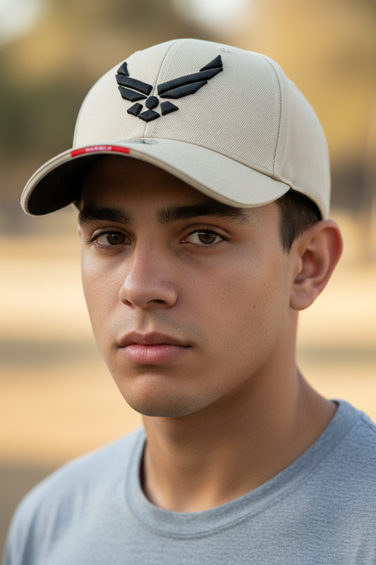 Beige cap with black logo on a white background