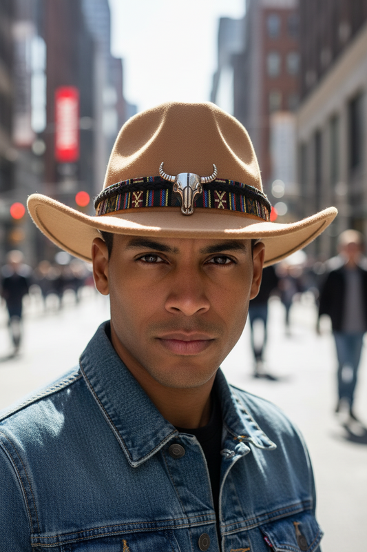 Brown cowboy hat with a decorative band featuring a skull design on a white background