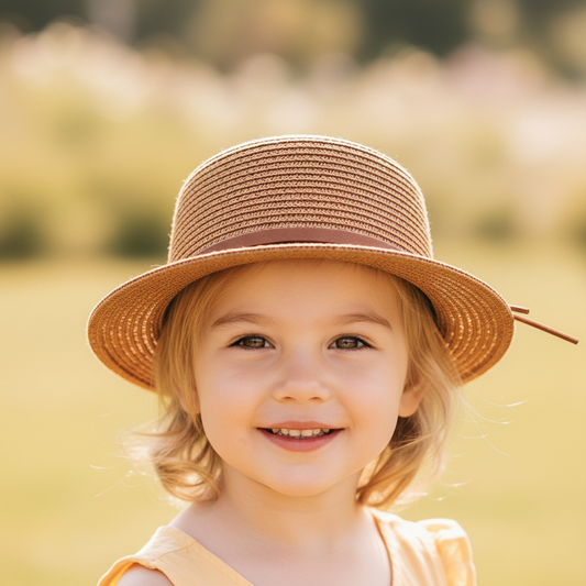 Brown straw hat with a strap on a white surface