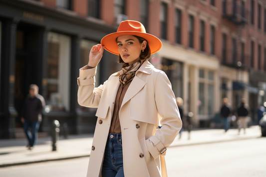 A white woolen flat brimmed jazz hat with a large brim.