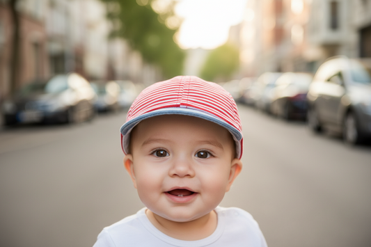 A baby cap with red and white stripes and a blue brim, featuring a satin finish and a star embroidery on the front.