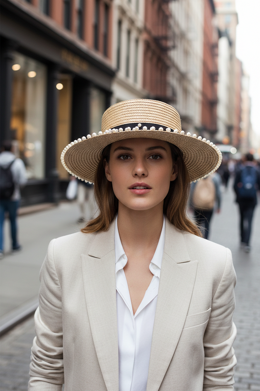 Straw hat with pearl embellishments on a white surface