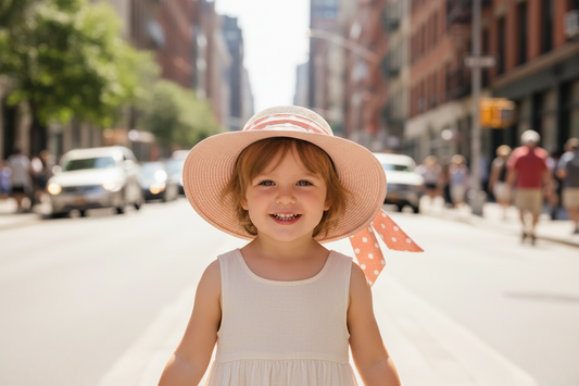 A child's straw hat with a beige crown and a pink ribbon with a polka dot bow around it.