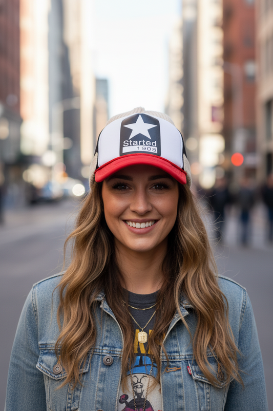 A collection of truck hats with a five-pointed star pattern in different colors, featuring a mesh back and a panel with text on the front.