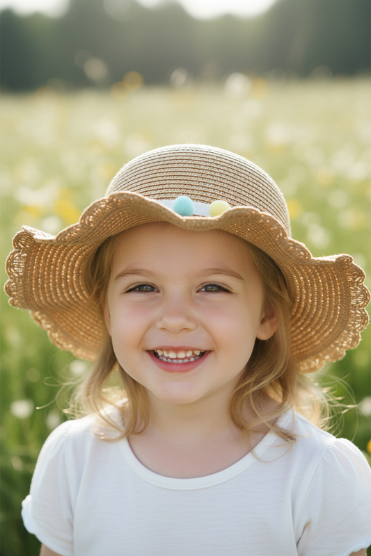 Straw hat with colorful pom-poms on a white background