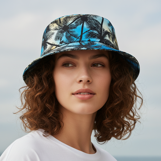 A polyester fisherman hat with a flat top and short brim featuring a coconut landscape print in sky blue and beach red colors.