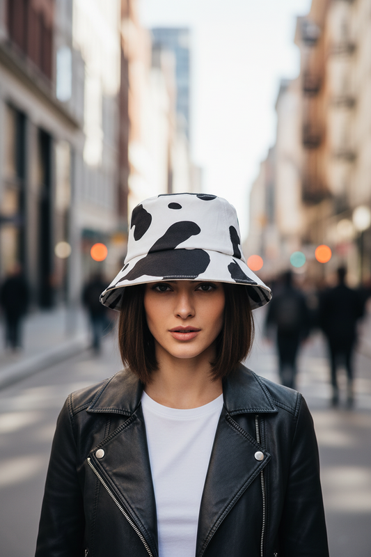 A black and white cow pattern bucket hat.
