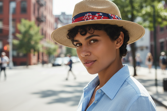 Beige straw hat with a colorful band on a white background