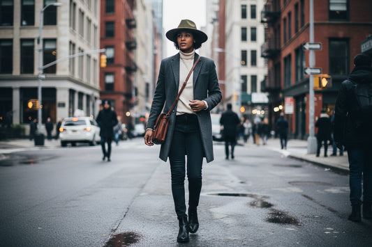 A green woolen hat with a flat brim and a black belt around the base, designed for fashionably covering the head.