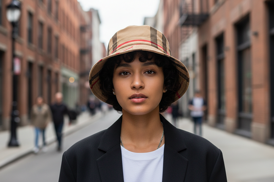Plaid bucket hat with beige, red, and black pattern on a white surface.