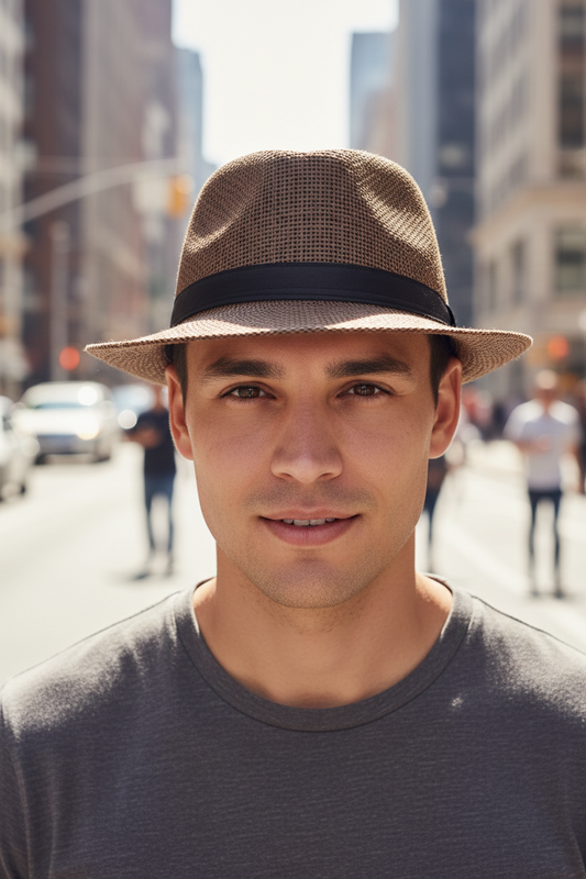 Brown straw hat with a black band on a wooden surface
