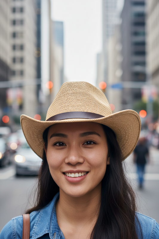 Beige straw hat with a brown belt on a white background