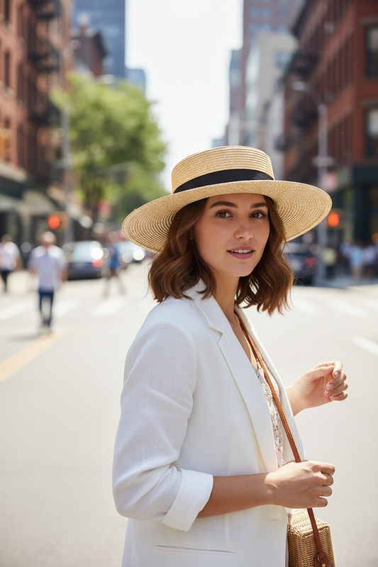A flat-top straw hat with a wide brim and a black band around the crown.
