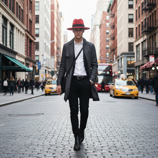 A red wool top hat with a black band and flat brim.