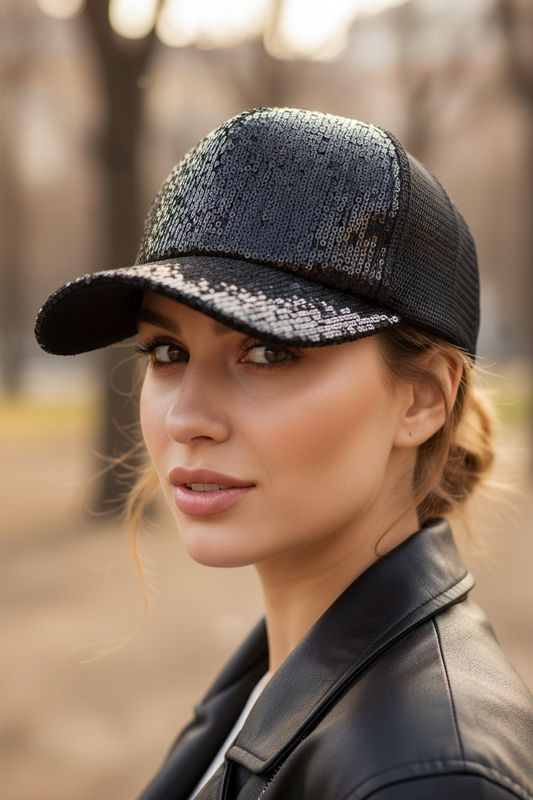 Black sequin baseball cap on a white background