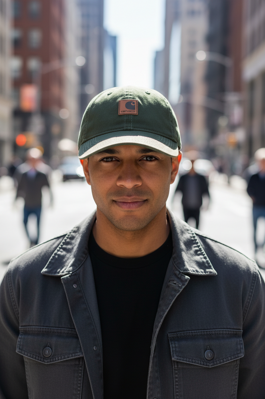 A black baseball cap with a distressed leather label featuring the Carhartt logo.