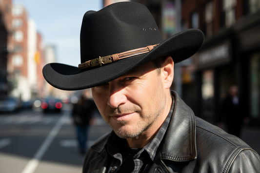 Black cowboy hat with a decorative band on a white background