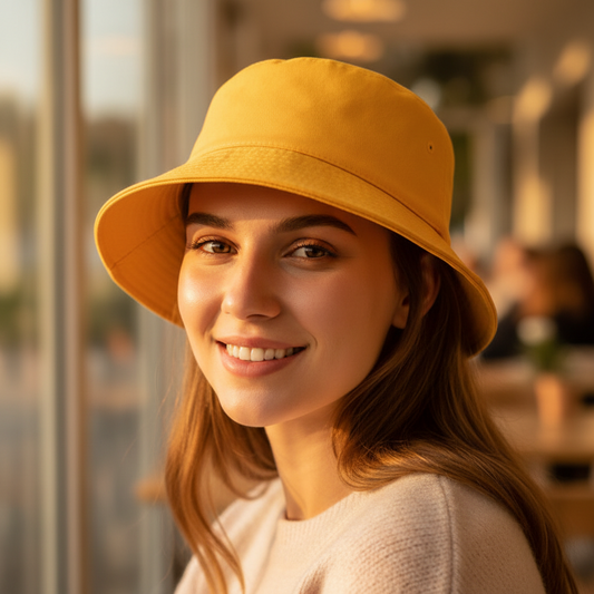 Two bucket hats, one in black and one in red, placed side by side on a plain background.