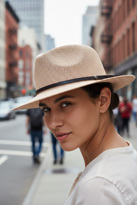 Beige straw hat with a black band on a light surface with a blurred background
