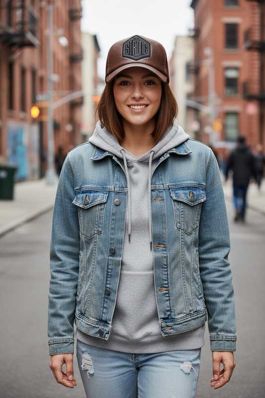 A brown baseball cap with a dome top and a curved brim, featuring a black embroidered logo on the front.
