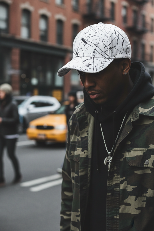 Two baseball caps, one in black and one in white, with a marble-like geometric pattern.