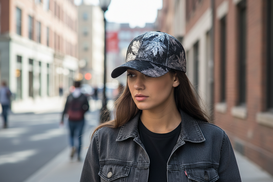 A selection of baseball caps in various colors, featuring a digital print pattern with elements such as leaves and dots.