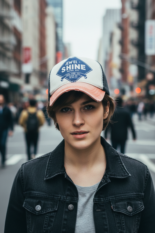 A washed cotton baseball cap with a blue visor, white front panel with text, and a red rear panel with a button closure.