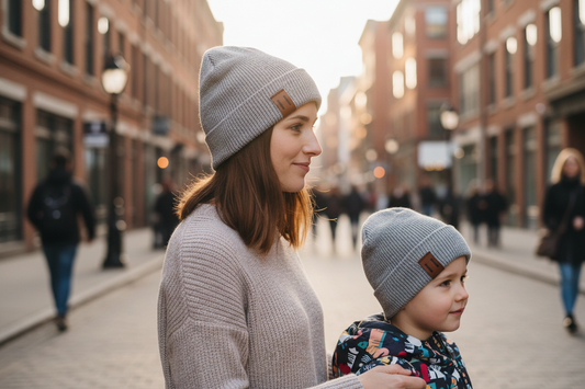 Two gray knit beanies with brown leather tags on a white background