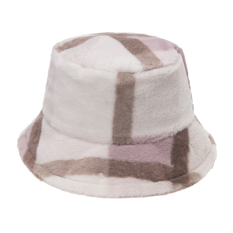 Plaid Fisherman Hat For, Korean Version Of Rabbit Fur Plush Travel Warm All-Match