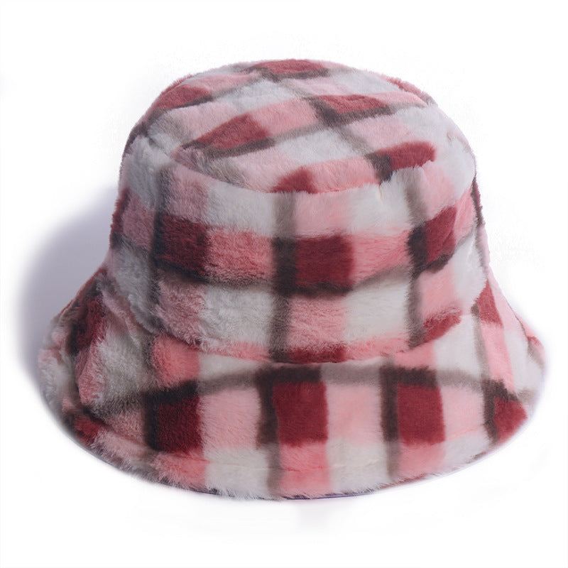 Plaid Fisherman Hat For, Korean Version Of Rabbit Fur Plush Travel Warm All-Match