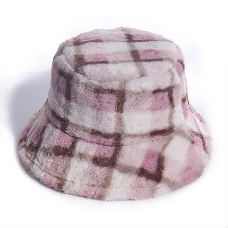 Plaid Fisherman Hat For, Korean Version Of Rabbit Fur Plush Travel Warm All-Match