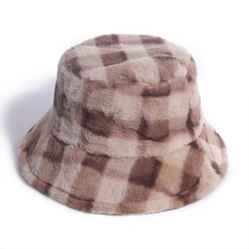 Plaid Fisherman Hat For, Korean Version Of Rabbit Fur Plush Travel Warm All-Match