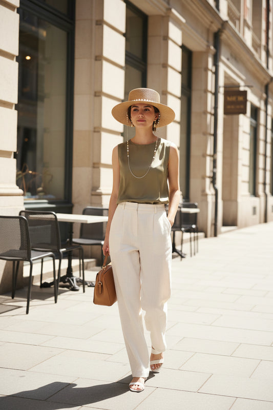 Brown straw hat with pearl embellishments on a wooden stand, with a bottle and decorative items in the background.