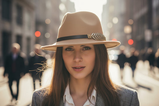Tan fedora hat with a decorative band featuring gold feathers on a white background