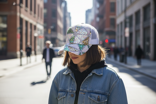 A black mesh baseball cap for women, adorned with colorful sequins in a geometric pattern, featuring a peaked brim design.