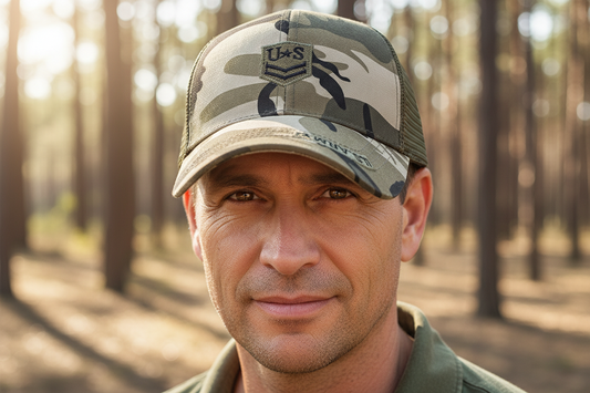Camouflage baseball cap with mesh back on a white background