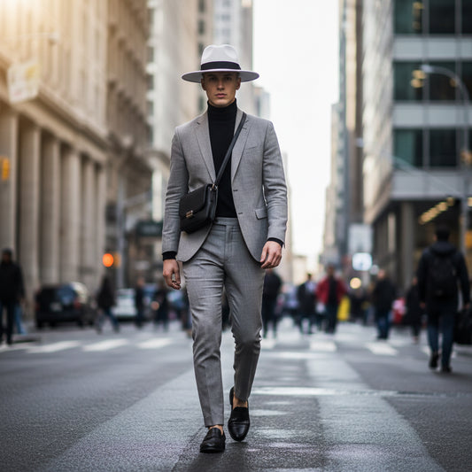 White fedora hat with a black band on a white background