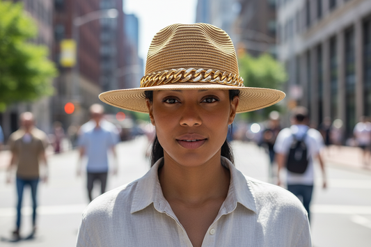 A white straw hat with a gold chain around the base.