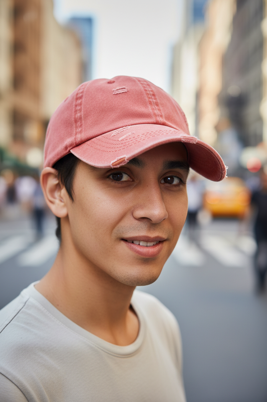 Red distressed baseball cap on a white background