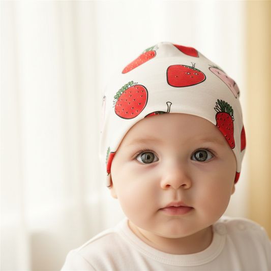 A baby hat with a white base featuring a pattern of green cacti, geometric shapes, and a teepee.