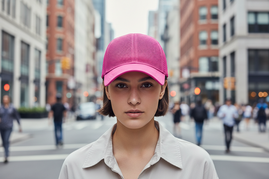A collection of adult-sized baseball caps in various colors including green, black, rose red, navy blue, and gray, featuring a mesh design.